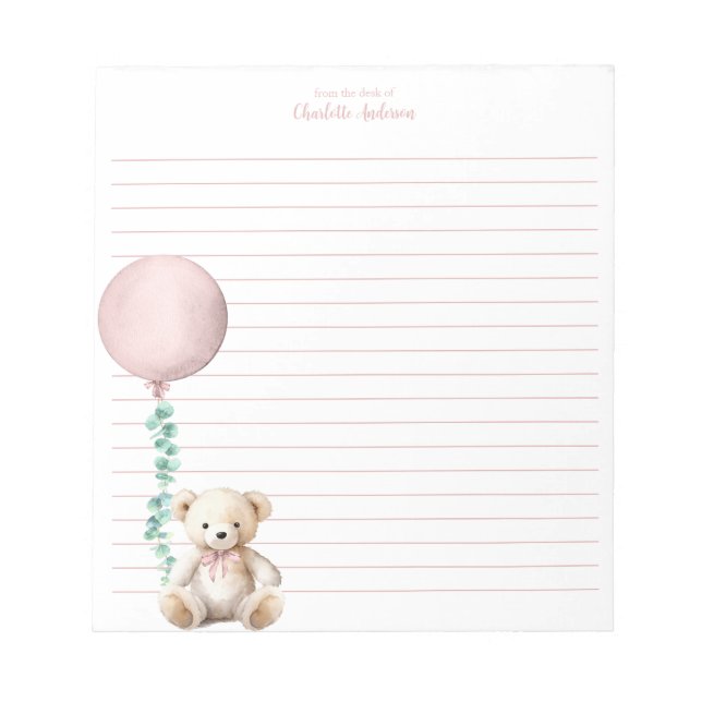 Pink Teddy Bär Ballon Personalisiert Notepad Notizblock (Vorderseite)