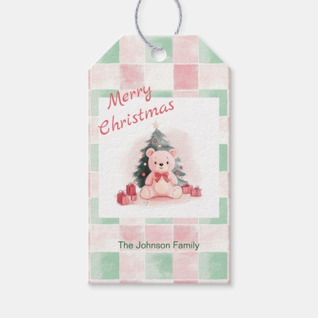 Pink Teddy Bär Niedlich Weihnachten Geschenkanhänger (Vorderseite)