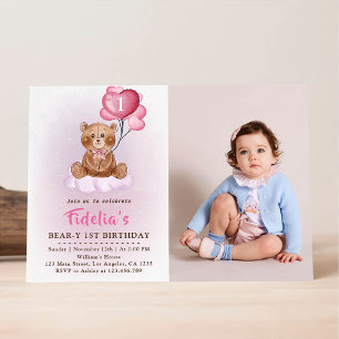 Pink Teddy Bären Balloons Erstes Geburtstags-Foto Einladung
