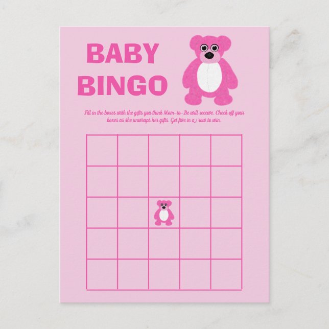 Pink Teddy Bear Baby Dusche Bingo Spielkarten Ankündigungspostkarte (Vorderseite)