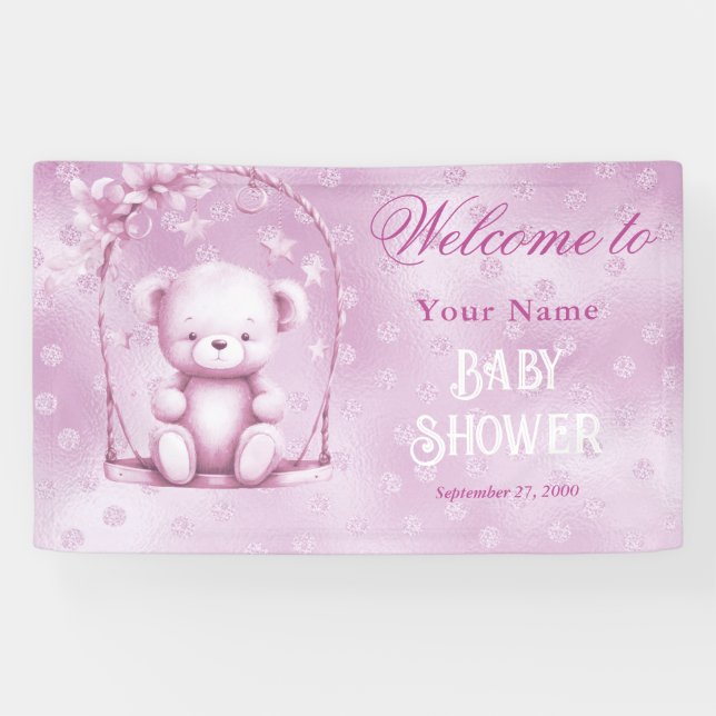 Pink Teddy Bear Baby Dusche Empfang Banner (Horizontal)