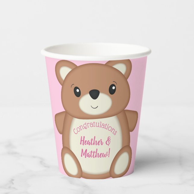 Pink Teddy Bear Baby Dusche Pappbecher (Vorderseite)
