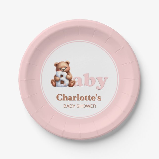 Pink Teddy Bear Baby Dusche Pappteller (Vorderseite)