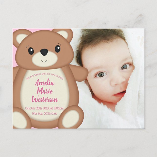 Pink Teddy Bear Baby Geburtsankündigung Postkarte (Vorderseite)