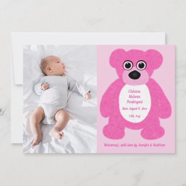 Pink Teddy Bear Baby Girl Birth Annoucement Einladung (Vorderseite)