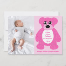 Pink Teddy Bear Baby Girl Birth Annoucement