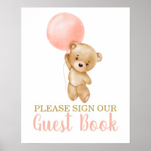 Pink Teddy Bear Baby Shower Girl Sign Guest Book Poster