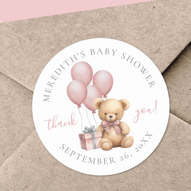 Pink Teddy Bear Baby Shower Klassischer Rundaufkle Runder Aufkleber (Pink Teddy Bear Baby Shower Classic Round Sticker)