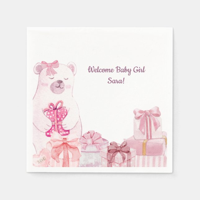 Pink Teddy Bear Baby Shower Napkin Serviette (Vorderseite)