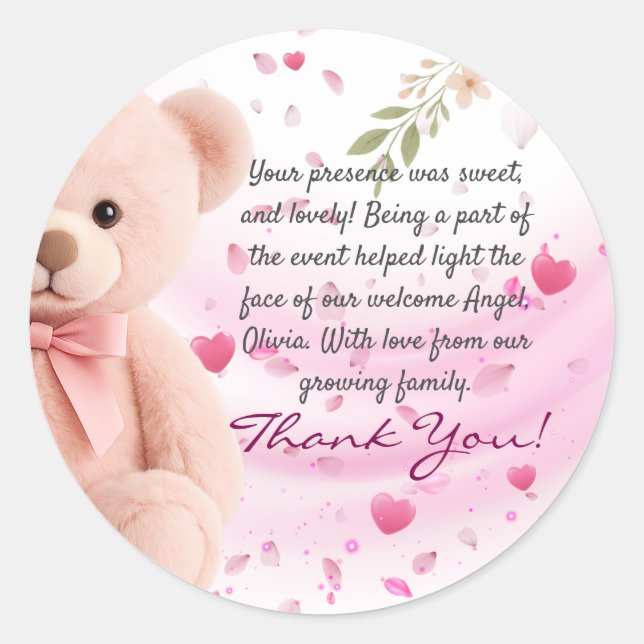 Pink Teddy Bear Baby Shower Thank You Sticker (Vorderseite)