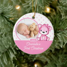 Pink Teddy Bear Baby's First Christmas Foto Keramik Ornament