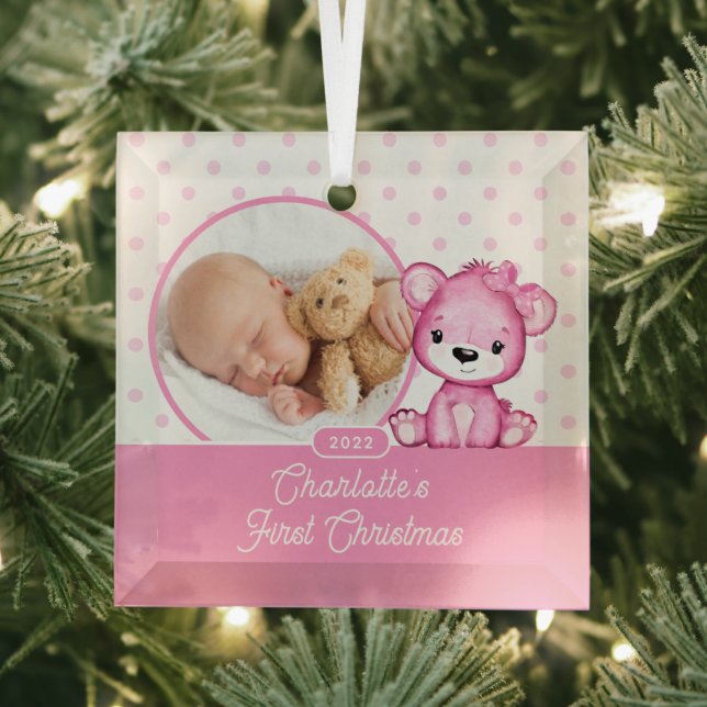 Pink Teddy Bear Baby's First Christmas Foto Ornament Aus Glas (Insitu)