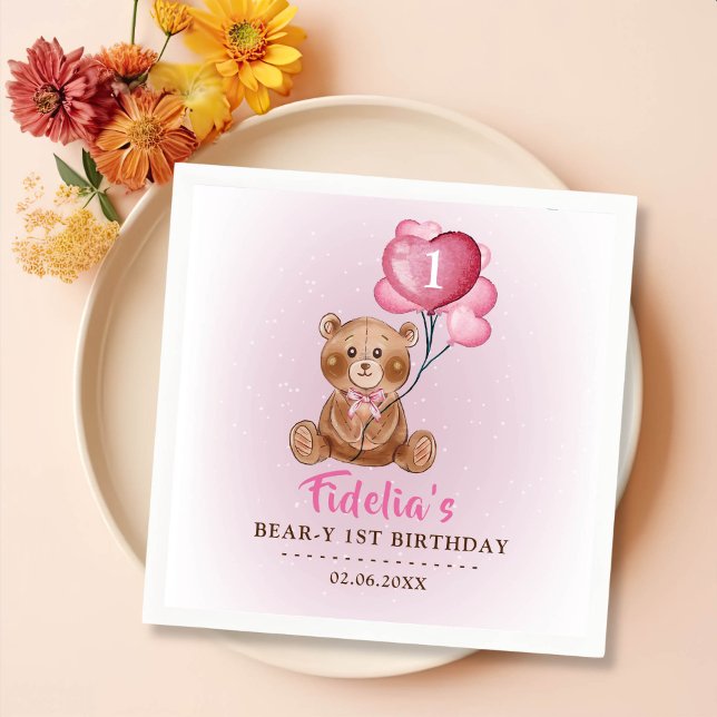 Pink Teddy Bear Balloon 1. Geburtstag Serviette (Von Creator hochgeladen)