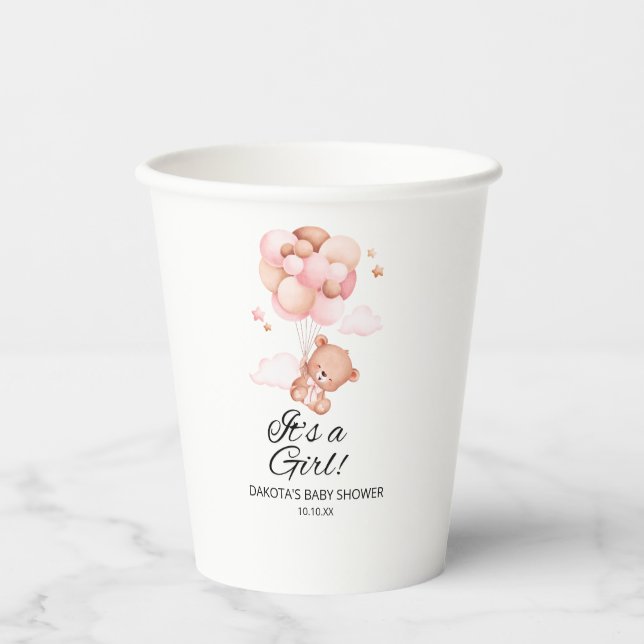 Pink Teddy Bear Balloon Babydusche Pappbecher (Vorderseite)