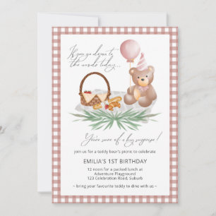 Pink Teddy Bear Balloon Picnic 1. Geburtstag  Einladung