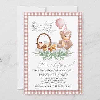 Pink Teddy Bear Balloon Picnic 1. Geburtstag  Einladung