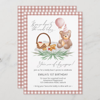 Pink Teddy Bear Balloon Picnic 1. Geburtstag Einladung