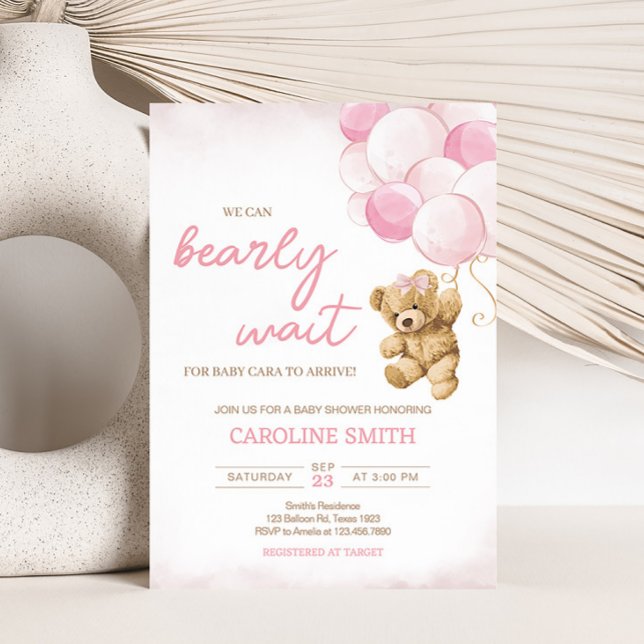 Pink Teddy Bear Balloons Babydusche Einladung (Pink Balloon Bear Baby Shower Invitation)