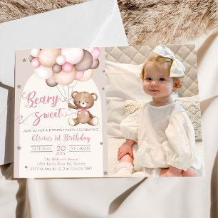 Pink Teddy Bear Balloons Girl Birthday Foto Einladung