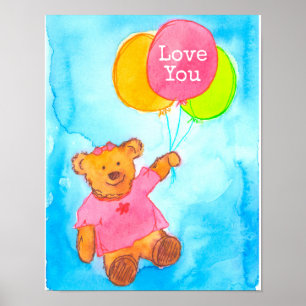 Pink Teddy Bear Balloons Liebe You Poster