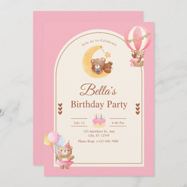 Pink Teddy Bear Birthday Invitation, Girl Birthday Einladung (Vorne/Hinten)
