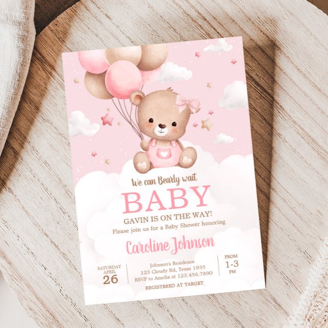 Pink Teddy Bear Clouds Balloon Babydusche Einladung (Pink Girl Teddy Bear Clouds Balloon Baby Shower Invitation)