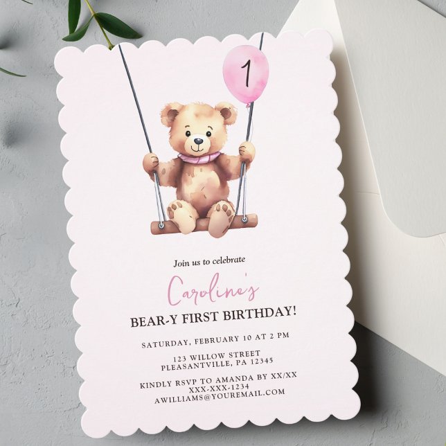 Pink Teddy Bear Erster Geburtstag Einladung (Von Creator hochgeladen)