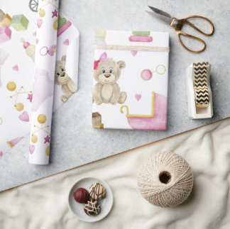 Pink Teddy Bear Girl Babydusche Geschenkpapier