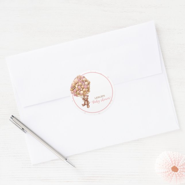 Pink Teddy Bear Heißluftballon Babydusche Custom Runder Aufkleber (Umschlag)