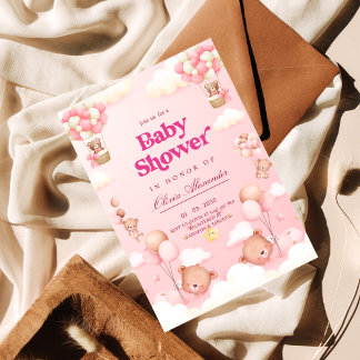 Pink Teddy Bear Hot Air Ballon Babydusche Einladung