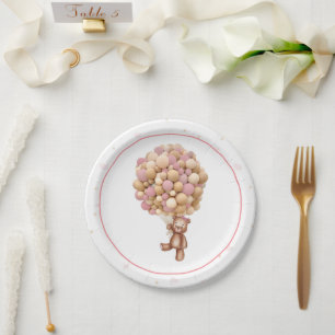 Pink Teddy Bear Hot Air Ballon Babyduschplatte Pappteller