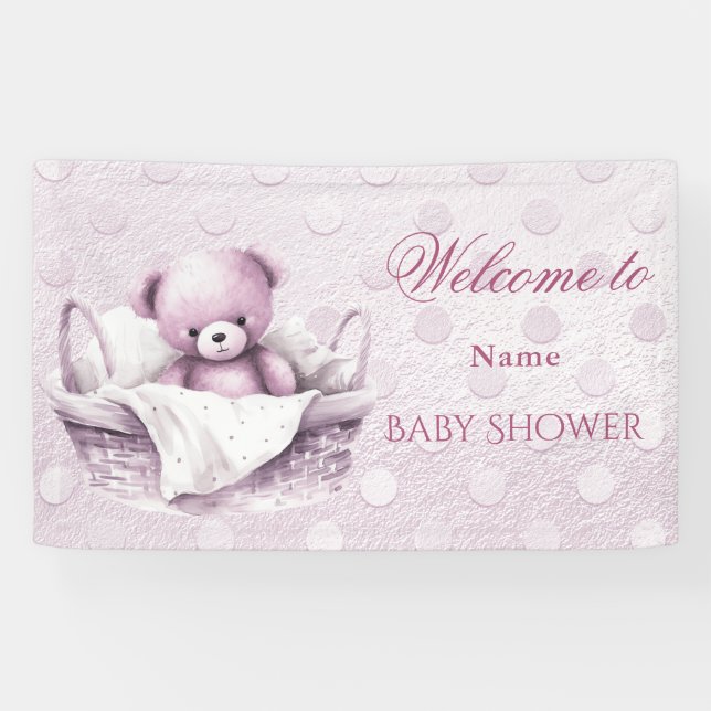 Pink Teddy Bear in Basket Baby Dusche Banner (Horizontal)