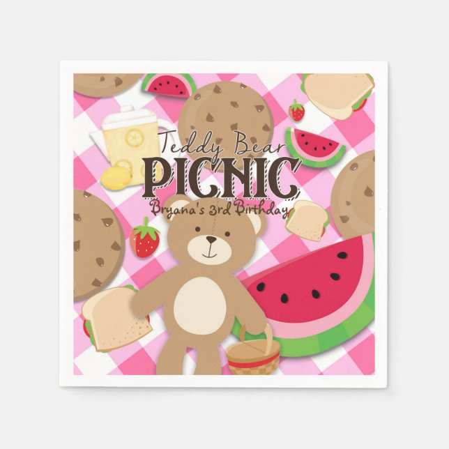 Pink Teddy Bear Picnic Sommer Geburtstagsparty Serviette (Vorderseite)