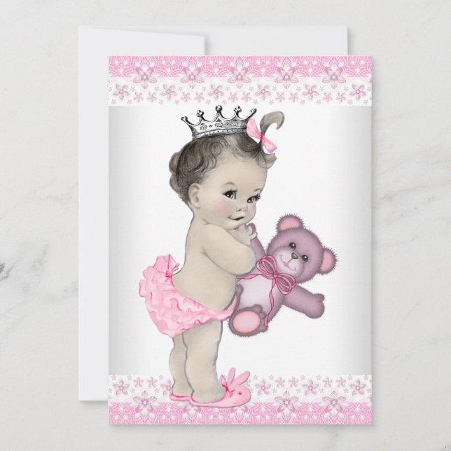 Pink Teddy Bear Princess Baby Dusche Einladung (Vorderseite)