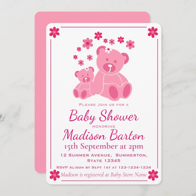 Pink Teddy Bears Niedlich Girl Baby Dusche Einladung (Vorne/Hinten)