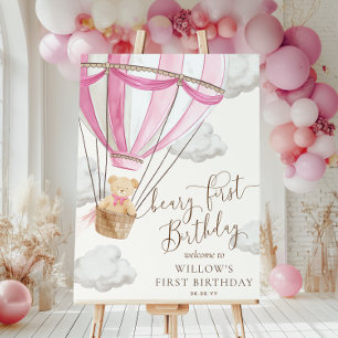 Pink Teddy Beary Erstgeburtstag Begrüßungszeichen Poster