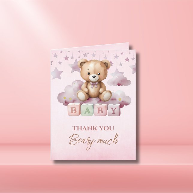Pink Teddy Moon Clouds Baby Girl Dankeskarte (Von Creator hochgeladen)