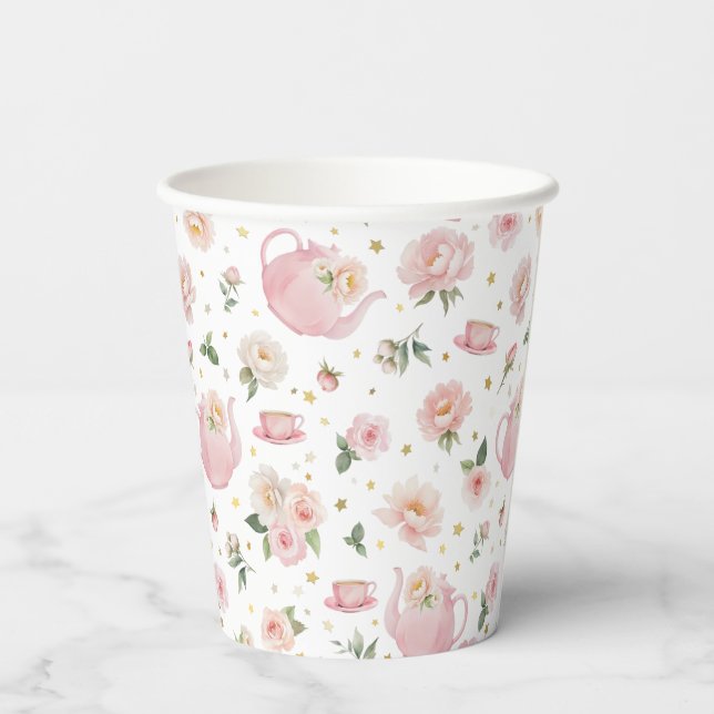 Pink Tee Party Babydusche Papiertüten Pappbecher (Rückseite)