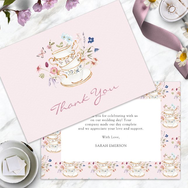 Pink Tee Party Brautparty Dankeskarte (Pink Tea Party Bridal Shower Thank You Card with Butterfly by Painted Paperie
)