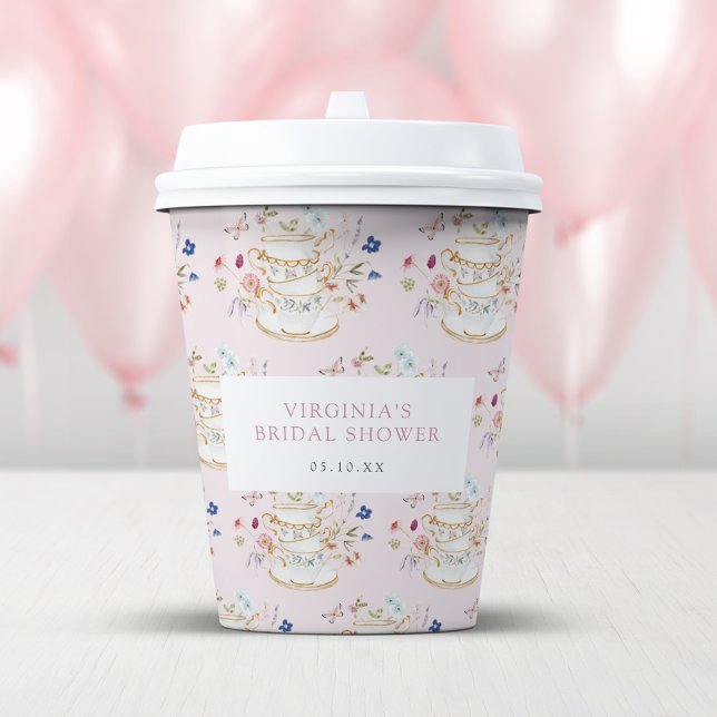 Pink Tee Party Brautparty Pappbecher (Pink Tea Party Bridal Shower Paper Cups by Painted Paperie
)