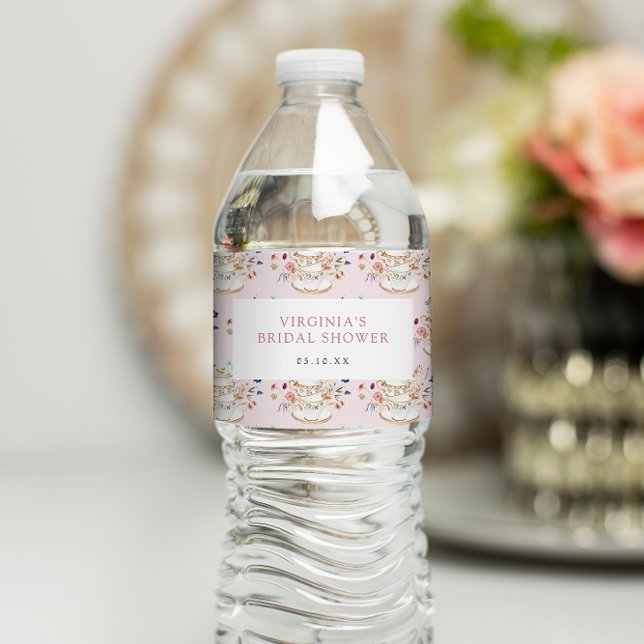 Pink Tee Party Brautparty Wasserflaschenetikett (Floral Pink Tea Party Bridal Shower Water Bottle Label by Painted Paperie
)