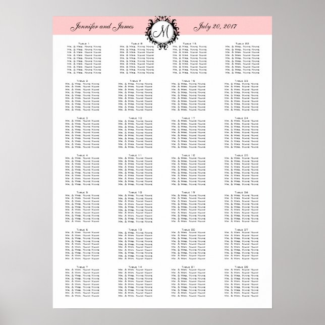 Pink Template Wedding Chart 280 Gäste Poster (Vorne)