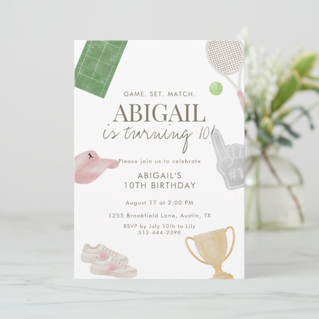 Pink Tennis 10th Birthday Party for Girls Preppy  Einladung (Stehend Vorderseite)