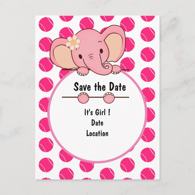 Pink Tennis Ball Es ist ein Mädchen für Baby-Elepj Ankündigungspostkarte (Vorderseite)