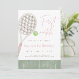 Pink Tennis First Birthday Party Invitation Dankeskarte