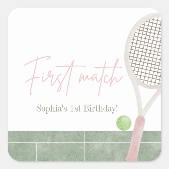 Pink Tennis First Birthday Preppy Classic Party  Quadratischer Aufkleber (Vorderseite)