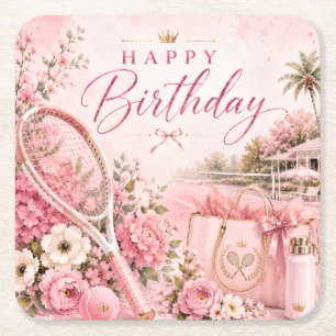 Pink Tennis Happy Birthday Floral Wasserfarbe Rechteckiger Pappuntersetzer