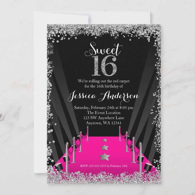 Pink Teppich Hollywood Silver Glitzer Sweet 16 Einladung (Vorderseite)