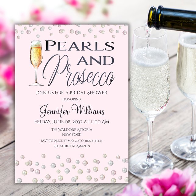 Pink Theme Pearls and Prosecco Brautparty Einladung (Von Creator hochgeladen)