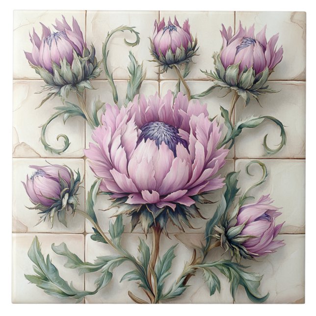 Pink Thistle Flowers Ceramic Tile Fliese (Vorderseite)